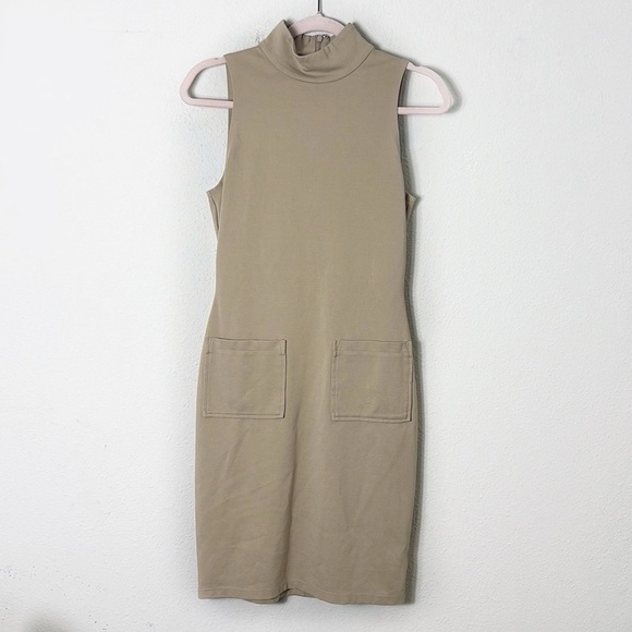 Reformation Mock Neck Bodycon Dress Tan Knee Length Stretch Knit Sleeveless Sz S - Picture 1 of 9